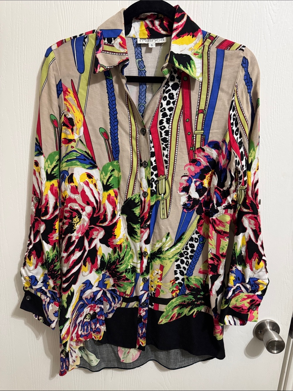 Vintage Mischa Vibrant Floral Button Down Tunic Long Sleeve Blouse Women's Small